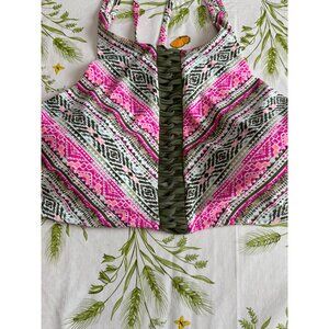 Time & Tru High Neck BikiniTop Strappy Back Pink & Green Tribal Print Size 3X